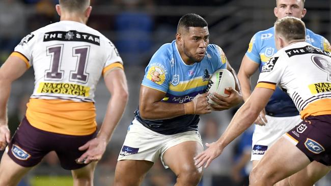 Moeaki Fotuaika takes the ball up against Brisbane. Picture: NRL Imagery