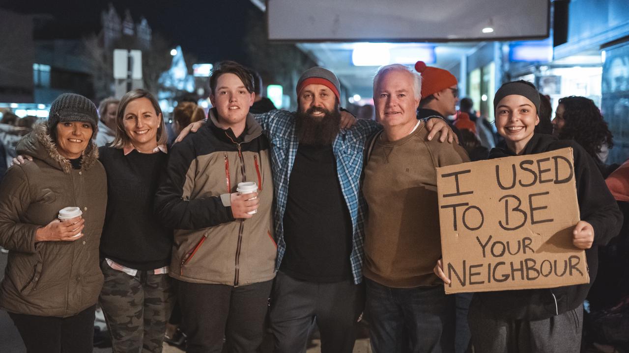 Participants (from left) Suzy Wenitong, Jacqui Armstrong, Matthew Drury, Nat Spary, Mark Rawlings, and Georgia Hanrahan at the Base Services' 2021 Homeless for a Night sleepout.