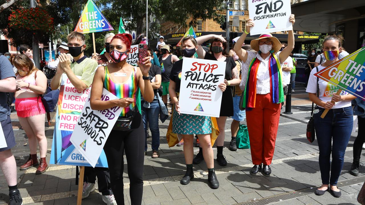 A group of around 500 protesters marched on Oxford Street on Saturday afternoon in protest at the lack of the usual parade. Picture: Matrix Pictures.