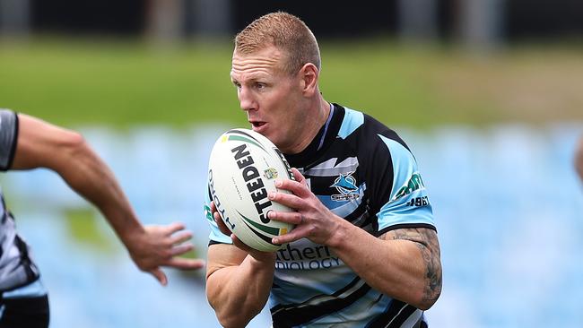 Luke Lewis during the Cronulla Sharks training session at Southern Cross Group Stadium ahead of the 2016 NRL Grand Final. Picture: Brett Costello