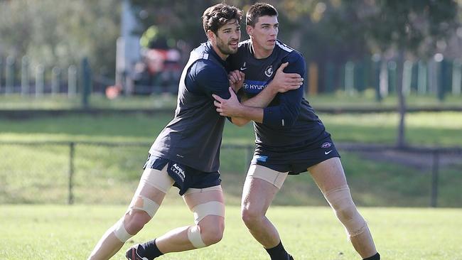 Levi Casboult and Matthew Kreuzer at Carlton training. Picture: Wayne Ludbey