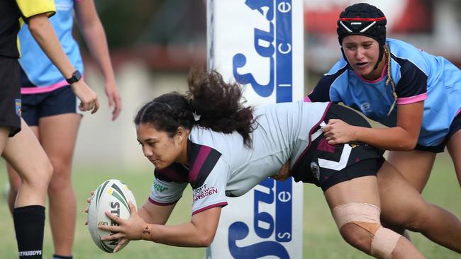 Titans Schools League at Burleigh Bears Junior Rugby League. .Year 9/10 Division 1 girls: - Marymount v Marsden. Marsdens Bronte Wills dives in for a try. Picture Glenn Hampson
