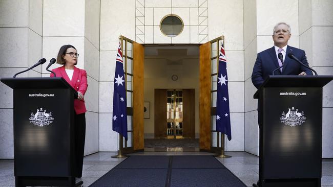 Ruston rise puts her alongside Prime Minister Scott Morrison at Parliament House in Canberra for this 2020 press conference. Picture: Sean Davey.