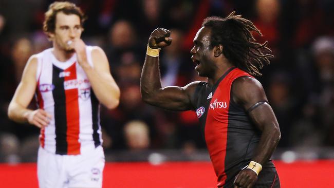 Anthony McDonald-Tipungwuti celebrates a goal against St Kilda Saints.