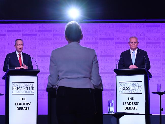 The federal election campaign had clearly taken a toll on Scott Morrison and Bill Shorten in the final leaders’ debate, with both appearing tired. Picture: AAP