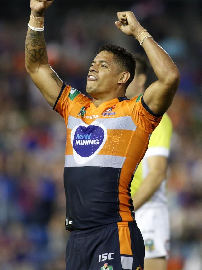 Dane Gagai in an orange Newcastle kit in 2016. Picture: AAP Image/Darren Pateman