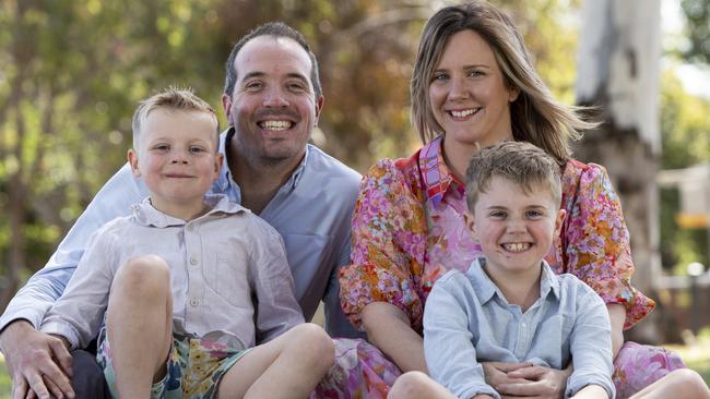 Ben, wife Tania and boys Oliver, 8, and Ari, 5 -  documentary about the car crash Ben was injured in.10th October 2024. Picture: Brett Hartwig