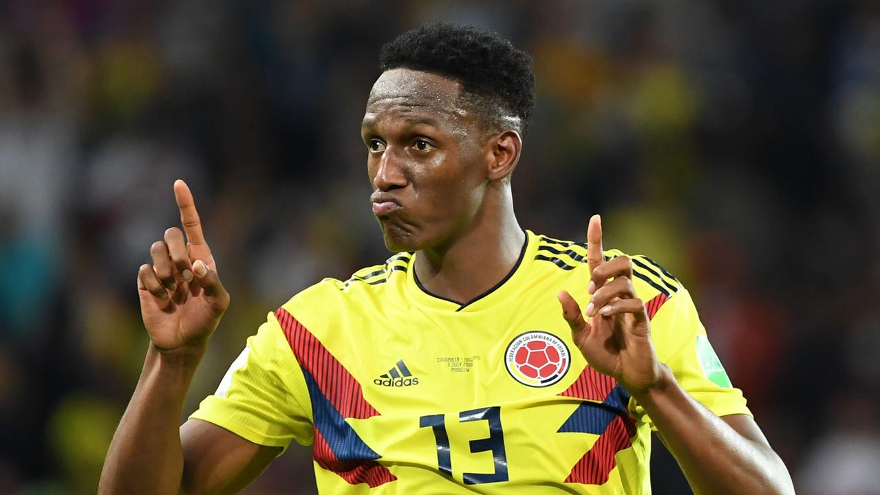 Colombia's defender Yerry Mina celebrates after scoring against England in the World Cup.