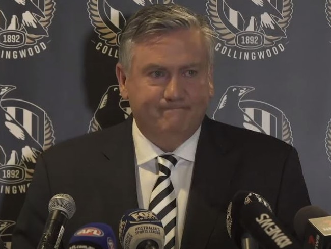 A supplied image obtained on Tuesday, February 9, 2021, shows Eddie McGuire speaking during a press conference at Holden Centre in Melbourne. McGuire announced his resignation as Collingwood Football Club President effective immediately. Picture: Collingwood Football Club, Source: https://www.youtube.com/watch?v=vQPLZl279Zo