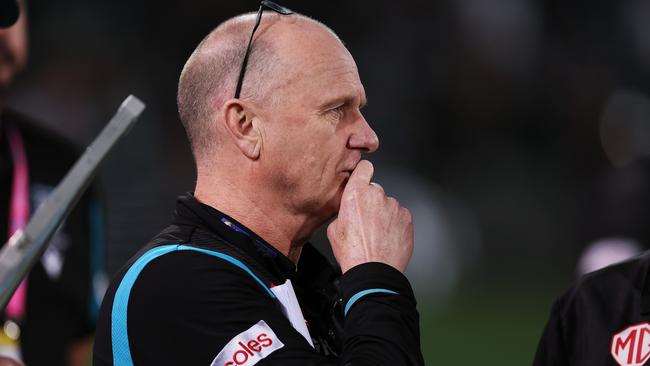 ADELAIDE, AUSTRALIA - SEPTEMBER 16: Ken Hinkley, Senior Coach of the Power during the 2023 AFL Second Semi Final match between the Port Adelaide Power and the GWS GIANTS at Adelaide Oval on September 16, 2023 in Adelaide, Australia. (Photo by James Elsby/AFL Photos via Getty Images)