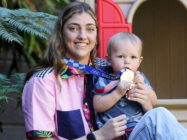 Olympic gold medalist Meg Harris at Hear and Say with 18-month-old Harry Callaghan. Contact mum Amanda on 0450421756. Pics Tara Croser.