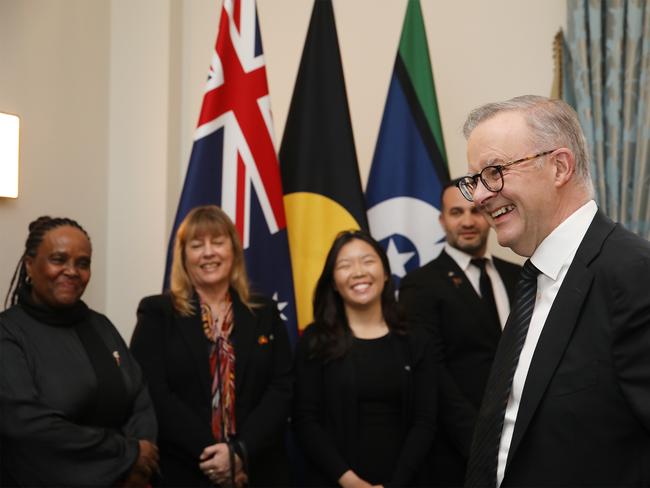 Anthony Albanese welcomes nine Everyday Australians at the Australian High Commission. They were invited directly by the Queen. Picture: Ella Pellegrini