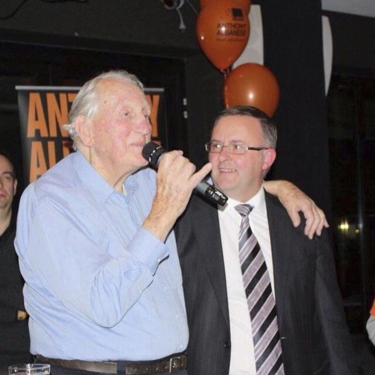 Labor legend and Balmain resident Tom Uren with Anthony Albanese in 2013. Picture: Anthony Albanese's Instagram account.