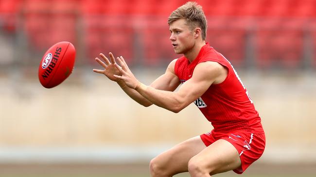 Braeden Campbell in action for the Swans in the practice match against the Giants. Picture: Brendon Thorne/Getty Images