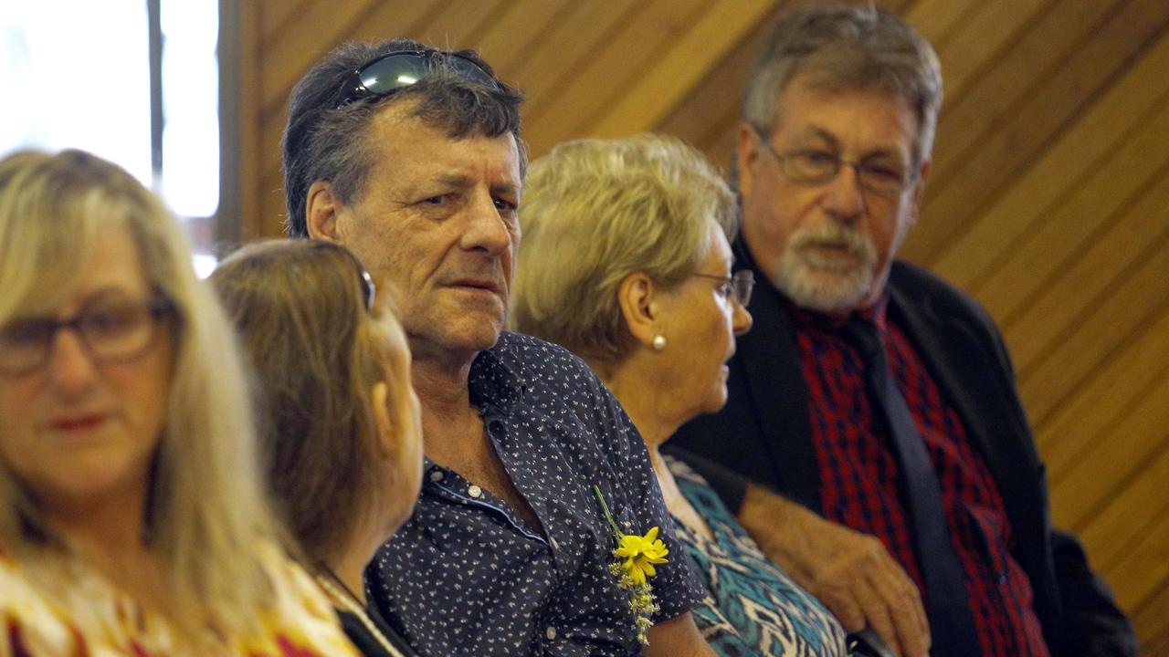 Friends and family attend the funeral of well-known Gold Coast man Ian Gal at Nerang Uniting Church on Thursday morning. Picture: Tertius Pickard