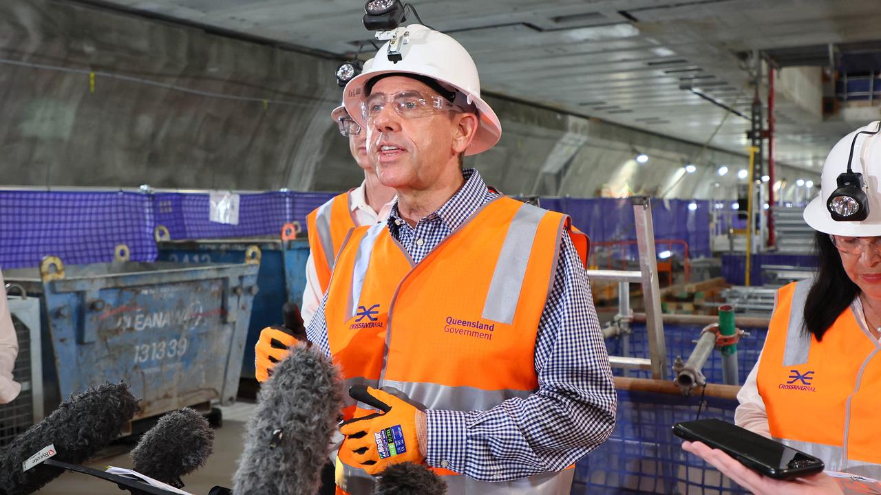 Cameron Dick speaks to the media during an underground visit to the Cross River Rail project in Brisbane. Picture: Tertius Pickard