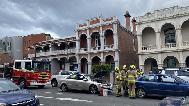 Tasmania emergency crews at the scene of a three-car crash in the Launceston CBD. Pic: Rosemary Murphy.