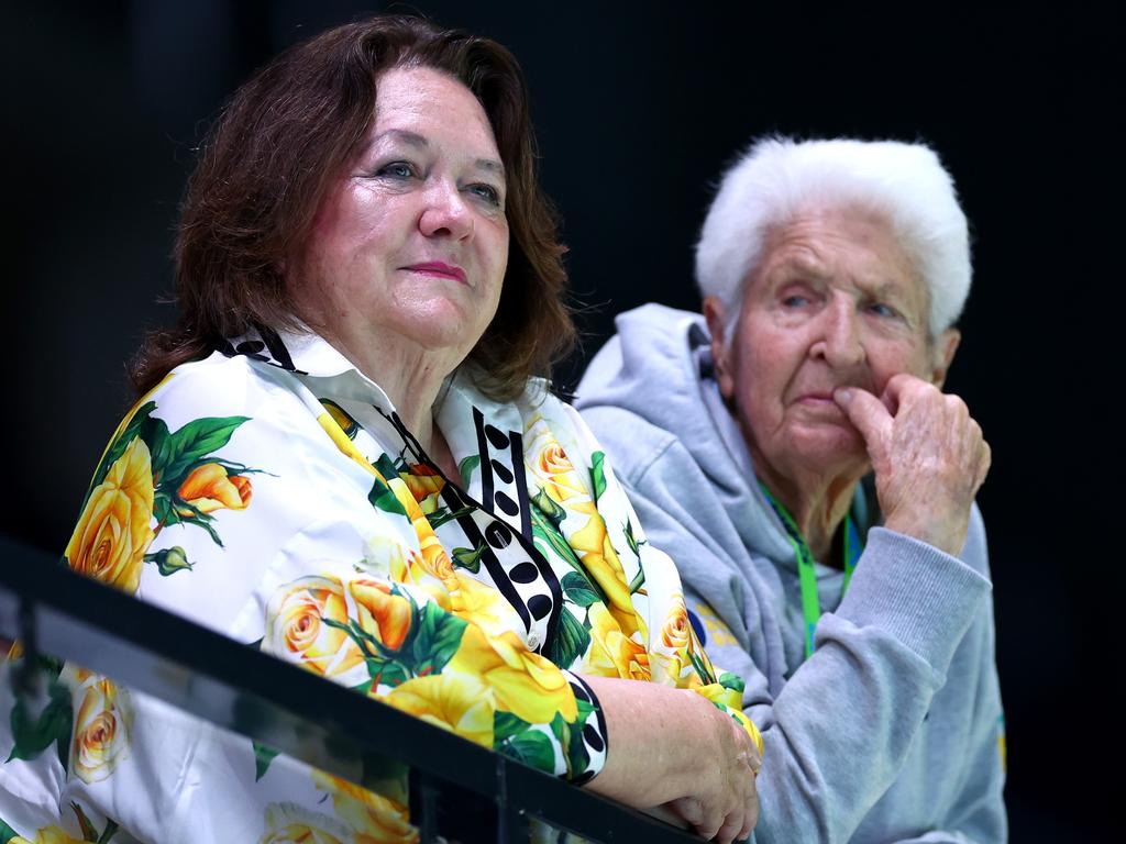 Gina Rinehart and Dawn Fraser watch the Australian Swimming Trials at Brisbane Aquatic Centre earlier this year. Picture: Getty Images