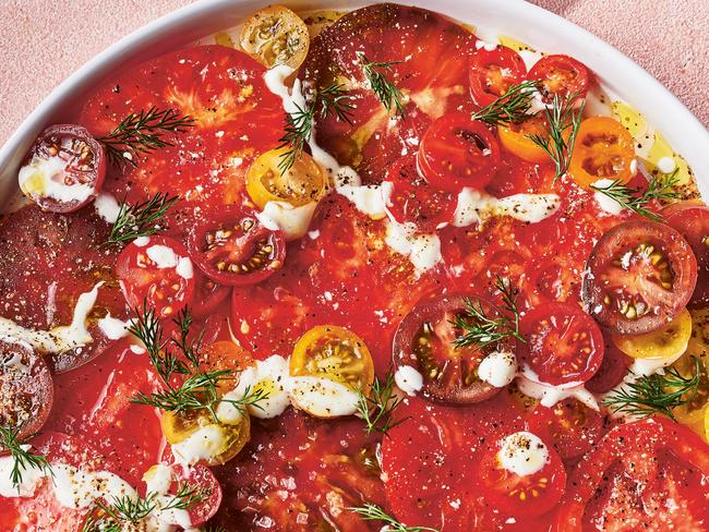 EMBARGO FOR TWAM, 15 FEBRUARY 2025. Twinkling Tomatoes with Milk Kefir Dressing from Salad for Days by Alice Zaslavsky, photography by Rochelle Eagle. Murdoch Books RRP $45.00.