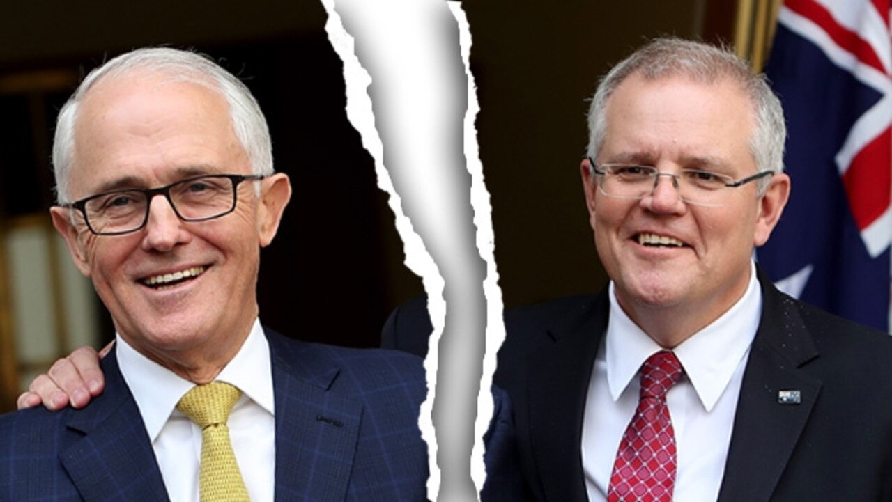 Former PM Malcolm Turnbull (left) and party-elected Prime Minister Scott Morrison.