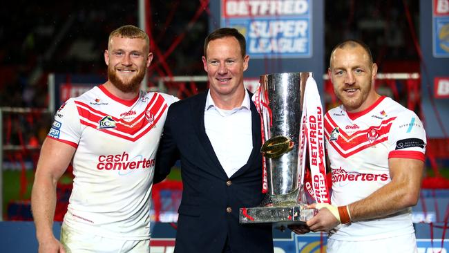 Luke Thompson with Justin Holbrook and James Roby after winning the 2019 Super League Grand Final in October. Picture: Getty Images.