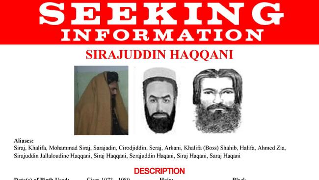 A wanted poster for Sirajuddin Haqqani, who has been named head of Taliban’s interior ministry and is said to have clashed with the group’s deputy prime minister. Picture: Supplied.