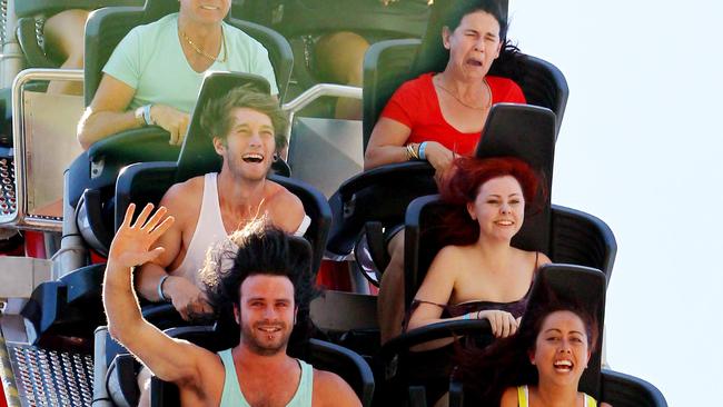 Scott Jolly and Tracy McDonald at the front of Dreamworld’s Buzzsaw ride. Picture: Kit Wise 