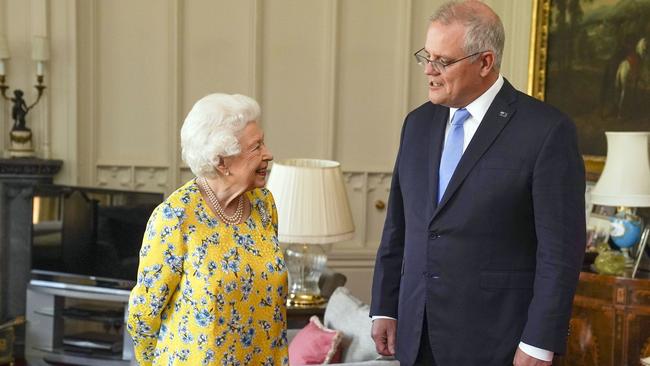 Queen Elizabeth II receives Mr Morrison during an audience in the Oak Room at Windsor Castle on June 15. Picture: Getty