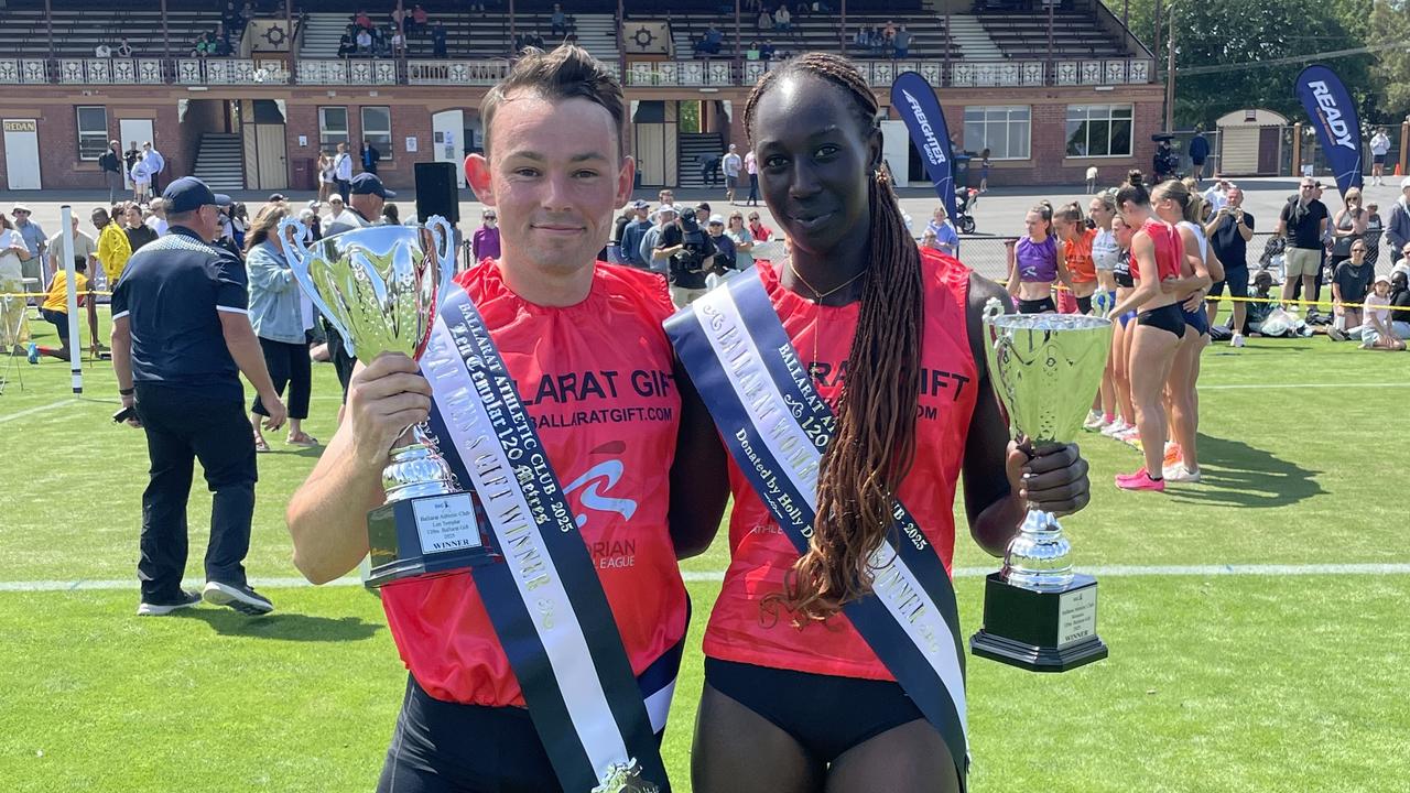 Jack Hale and Nyajima Jock celebrate winning the Ballarat Gift. Picture: Shane Jones.