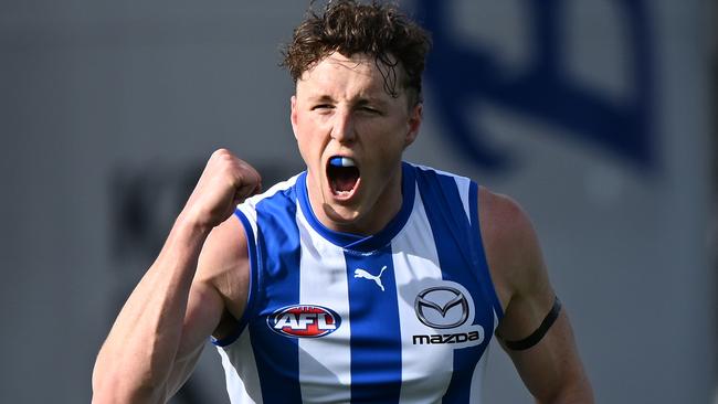 HOBART, AUSTRALIA – AUGUST 26: Nick Larkey of the Kangaroos celebrates a goal during the round 24 AFL match between North Melbourne Kangaroos and Gold Coast Suns at Blundstone Arena, on August 26, 2023, in Hobart, Australia. (Photo by Steve Bell/Getty Images)