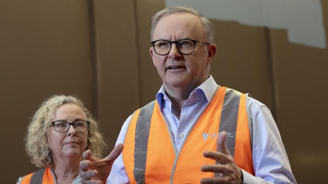 Prime Minister Anthony Albanese in Newcastle on Wednesday with local Labor member Sharon Claydon. Picture: NCA NewsWire / Peter Stoop