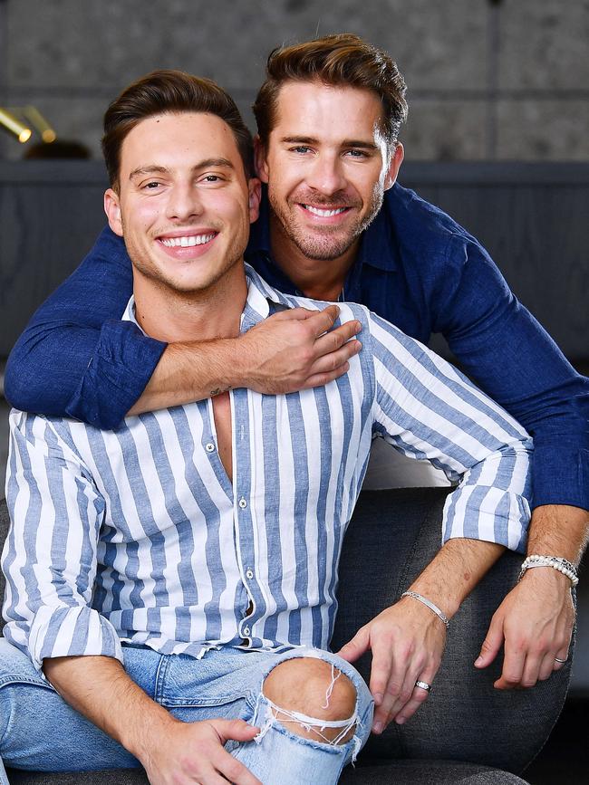 Hugh Sheridan with his partner Kurt Roberts after Sheridan proposed at the opening night of his Adelaide Fringe show. Picture: Mark Brake