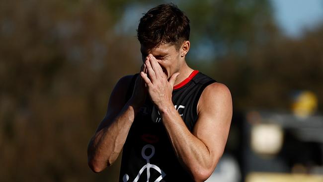 MELBOURNE, AUSTRALIA - MARCH 01: Jack Steele of the Saints looks dejected after a loss during the 2025 AFL AAMI Community Series match between the St Kilda Saints and the Port Adelaide Power at RSEA Park on March 1, 2025 in Melbourne, Australia. (Photo by Michael Willson/AFL Photos via Getty Images)