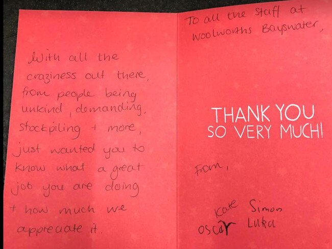 Australians write to Woolworths staff thanking them for their hard work despite shortages during the coronavirus pandemic. Their letters came as part of a Random Acts of Kindness campaign started by #TheKindnessPandemic Picture: Supplied