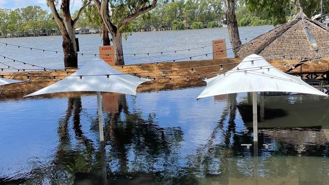 The Pretoria Hotel’s beer garden underwater during the peak of the River Murray flood. Picture Facebook