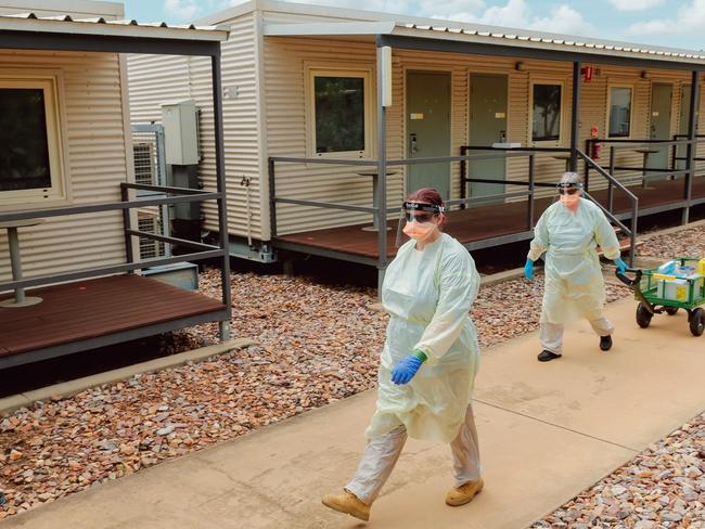 **NO ONLINE USE UNTIL 12:05AM, Friday 15th January, 2020** AUSMAT staff conduct a Swabbing run at a PPE drill at the NCCTRCA/AUSMAT sections of the Howard Springs Corona virus quarantine Centre on Darwin's outskirts. Picture: GLENN CAMPBELL via NCA NewsWire