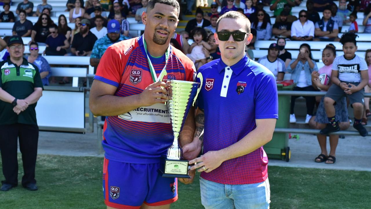 Victorious Redbank Plains captain Samson Sauaso with coach Tre Waltisbuhl after winning the Rugby League Ipswich Colts grand final at the North Ipswich Reserve. Picture: Bruce Clayton