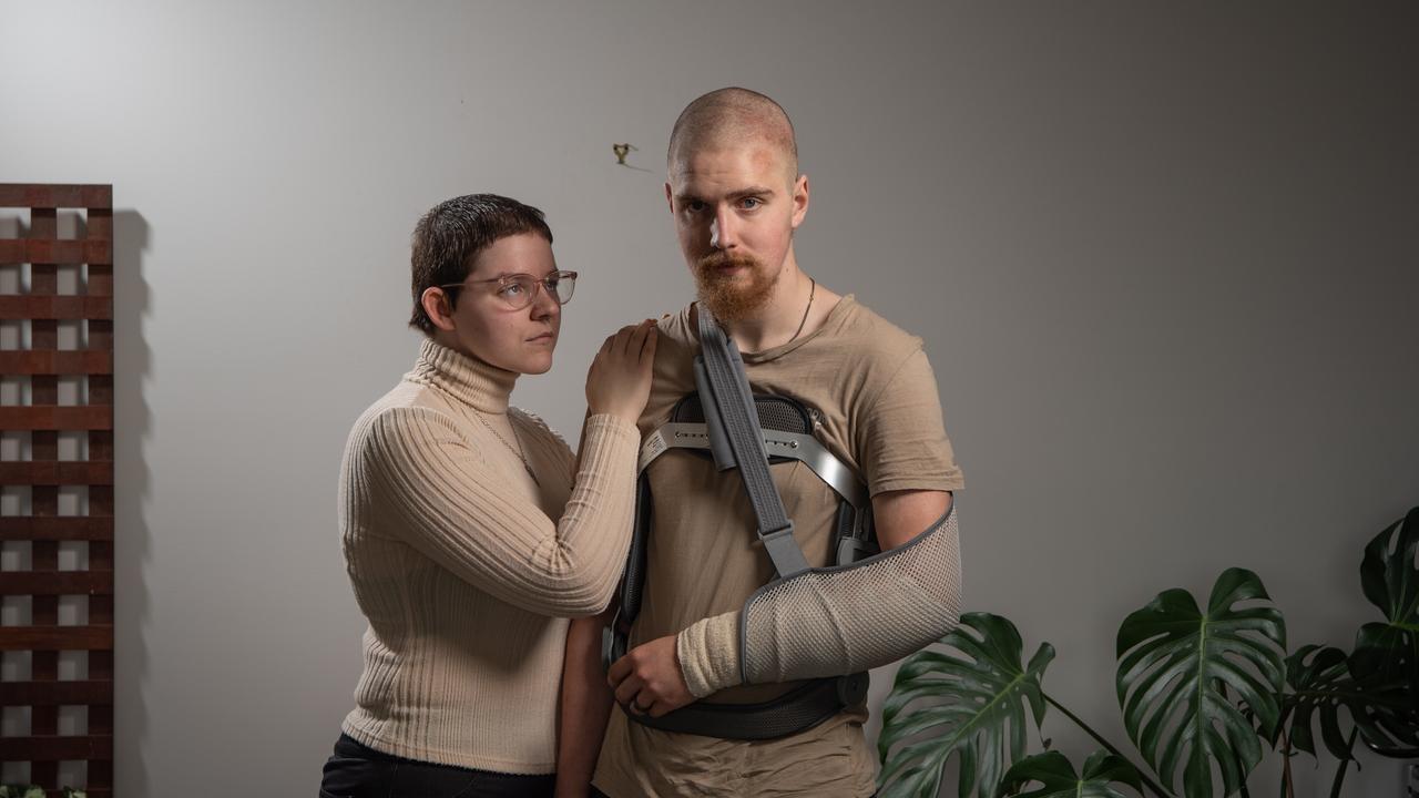 Hit-and-run victim Lochie Read with his fiance, Ash Harris, following a disturbing hit-and-run in Geelong. Picture: Brad Fleet