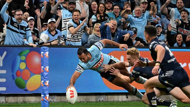 Braydon Trindall was brilliant for the Sharks in their semi-final win over the Cowboys. Picture: NRL Photos/Louis Bockos