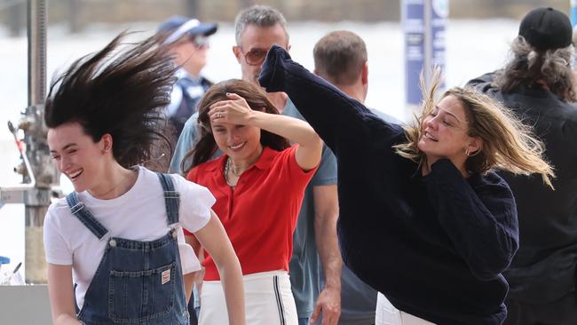 Madelyn Cline (dark blue jumper) and Freddie Prinze Jr (grey shirt and jacket) seen on the Watsons Bay set of I Know What You Did Last Summer. Picture: Rohan Kelly.