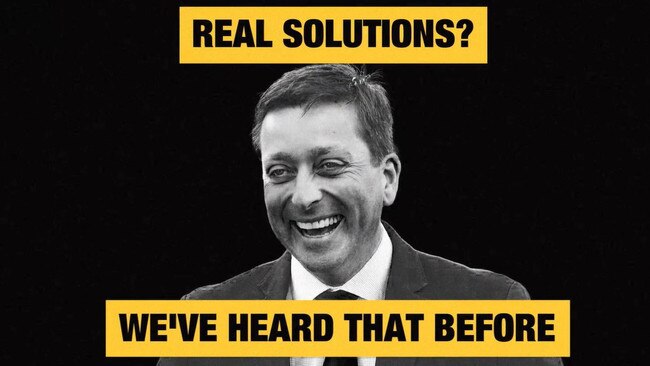 New attack ad panning Opposition leader Matthew Guy., The 33-second ALP ad compares Guy's promise of "real solutions" to similar election commitments made by both Mr Abbott and Mr Morrison., Picture: Supplied