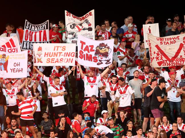 SYDNEY, AUSTRALIA - MARCH 21: Dragons fans show their support during the round two NRL match between the St George Illawarra Dragons and the South Sydney Rabbitohs at Netstrata Jubilee Stadium on March 21, 2019 in Sydney, Australia. (Photo by Cameron Spencer/Getty Images)