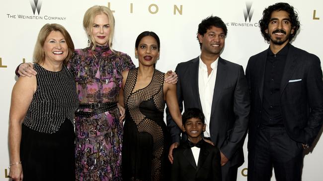 Sue Brierley, from left, Nicole Kidman, Priyanka Bose, Sunny Pawar, front, Saroo Brierley and Dev Patel attend the premiere of <i>Lion</i> at the Museum of Modern Art last month in New York. Picture ANDY KROPA, AP