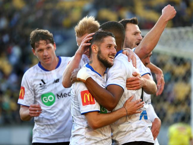 Jake Brimmer of Auckland FC celebrates a goal during their 2-0 win against Wellington in round three. Picture: Getty Images