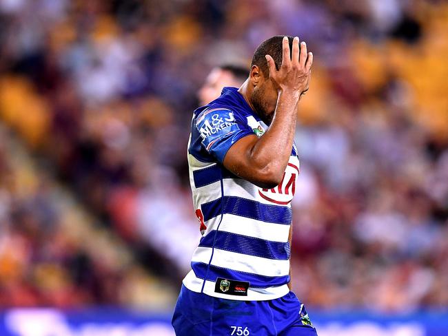 Moses Mbye reacts after being sent to the sin bin in the final minutes of Canterbury’s loss.