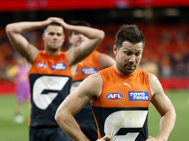 GWS players come to terms with another missed opportunity. Picture: Phil Hillyard