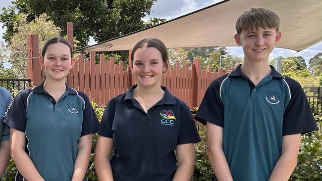 Cooloola Christian College School Captains for 2025: School Captain Mia Mallett, Vice-Captain Miah Birt, and Vice-Captain Travis Nolan.