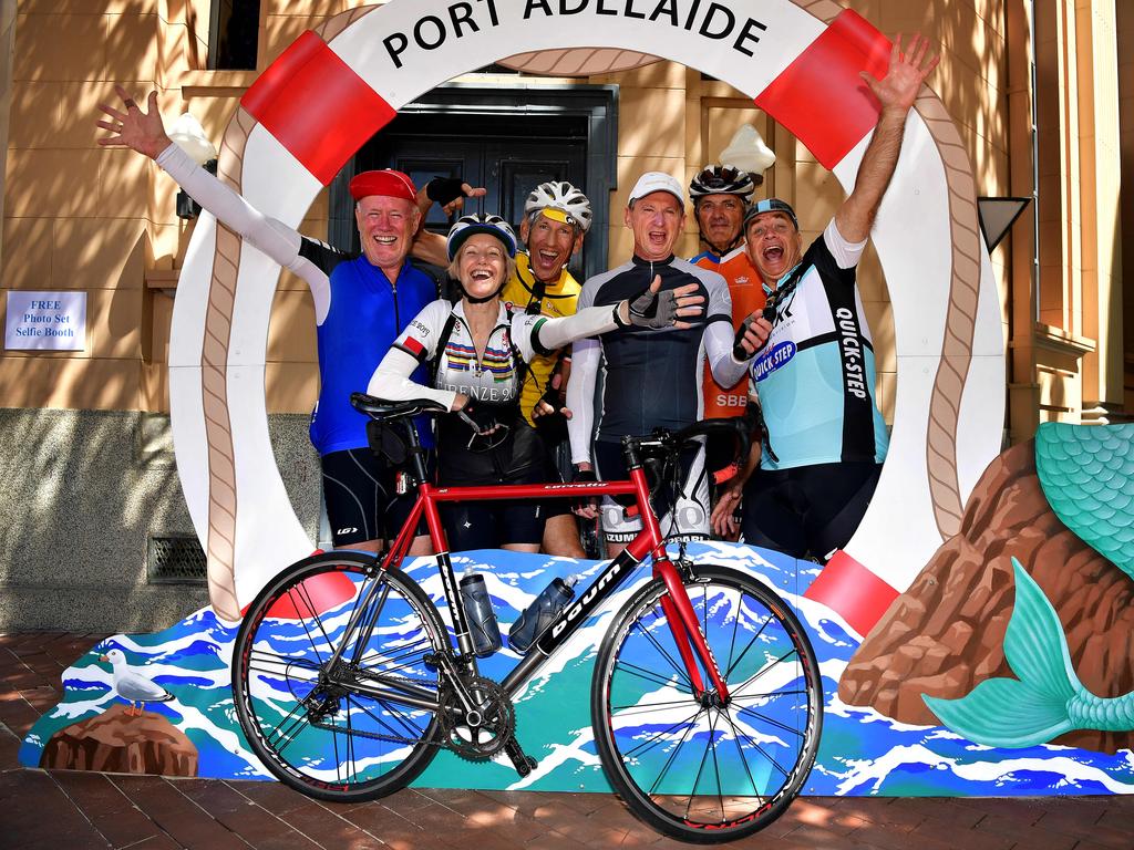 Brisbane cyclists Richard Baker, Anne Cooke, Michael Cooke, Bruce Rogers, Ian D’Arcy and David Trebbin at Port Adelaide for Stage 1. Picture: Bianca De Marchi