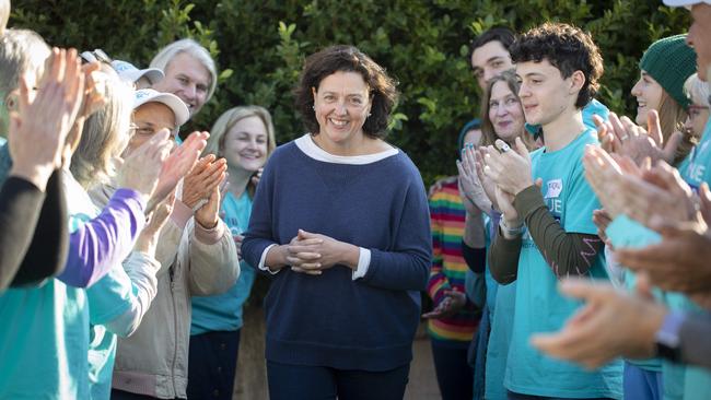 Supporters greet Monique Ryan on Sunday after the paediatric neurologist defeated Josh Frydenberg in the Melbourne seat of Kooyong. Picture: Arsineh Houspian