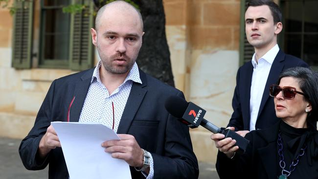 Bennett Russell Maynard-Brown outside the Adelaide Magistrates Court after being charged with possessing extremist material. Picture: NCA NewsWire / Kelly Barnes